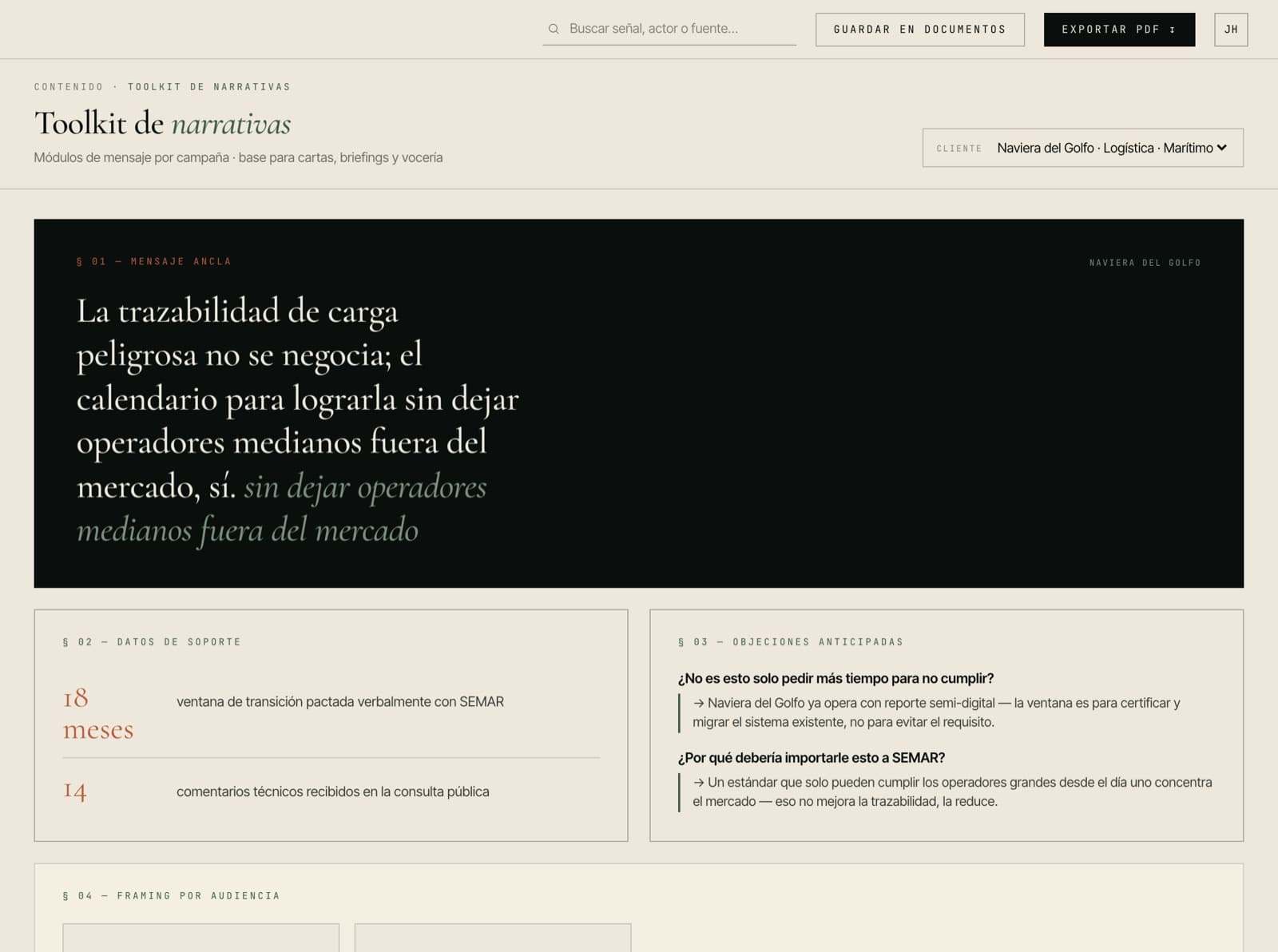 Toolkit de narrativas con mensaje ancla, datos de soporte y objeciones anticipadas